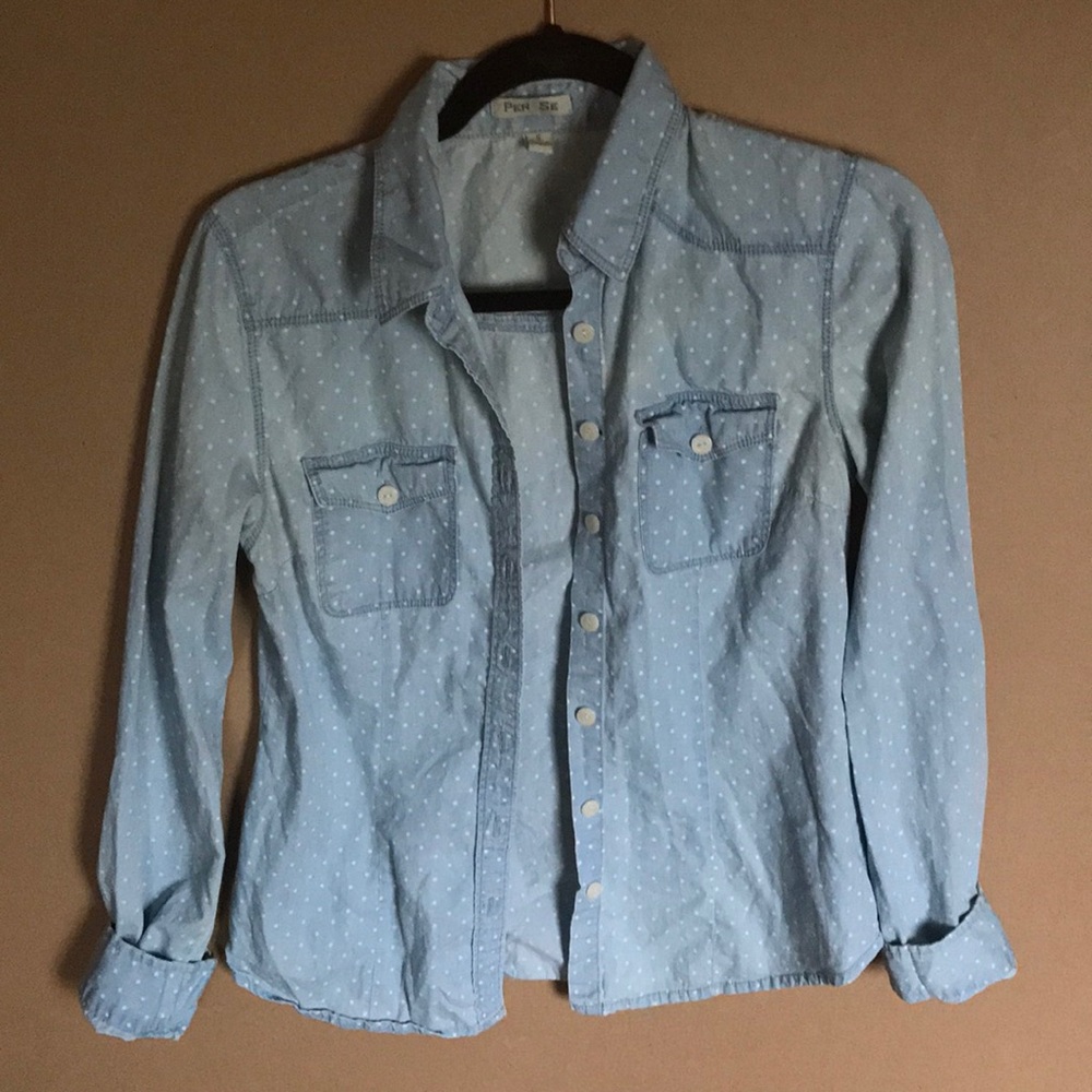Distressed chambray polka dot button up